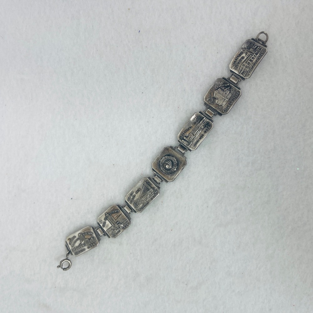 Vintage 1934 Chicago Worlds Fair Century of Progress Panel Bracelet Silver Tone